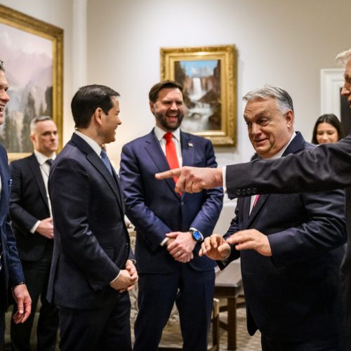 Hungarian Prime Minister Viktor Orban greets Vice President JD Vance and members of the U.S. delegation in the West Wing Lobby of the White House, Friday, November 7, 2025, before a meeting with President Donald Trump. (Official White House Photo by Mollly Riley)